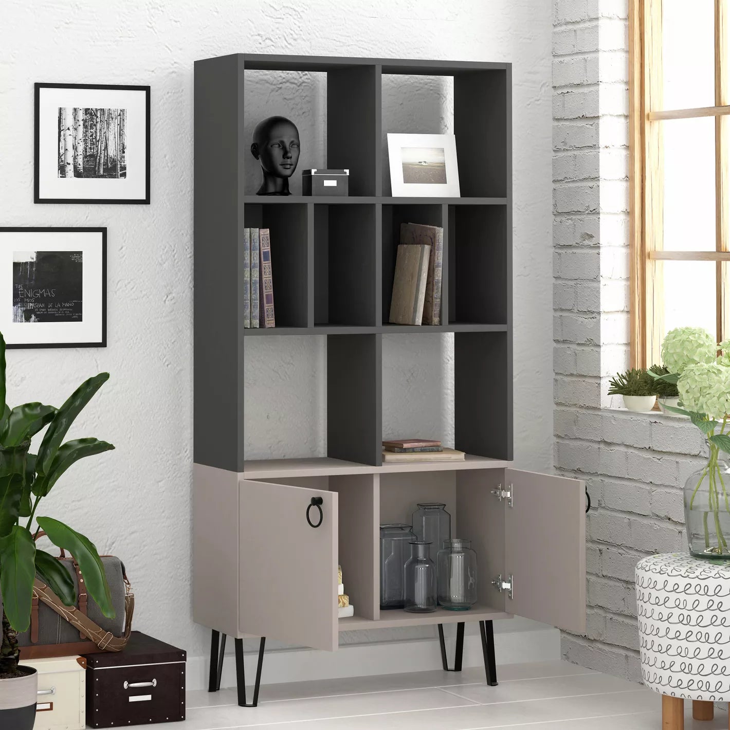 Bookcase With Eight Open Compartments And Two Cabinets For Books, Photos, And Decorative Items. - COOLBABY