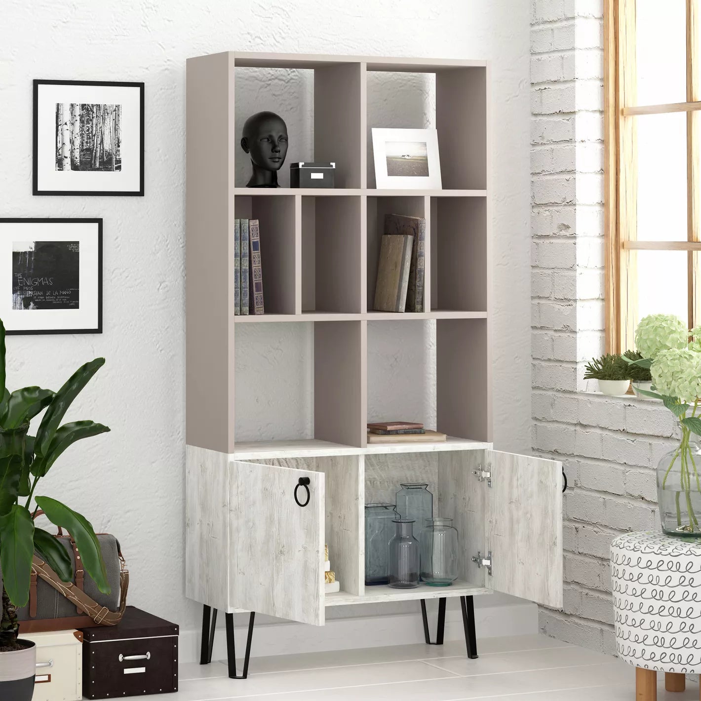 Bookcase With Eight Open Compartments And Two Cabinets For Books, Photos, And Decorative Items. - COOLBABY