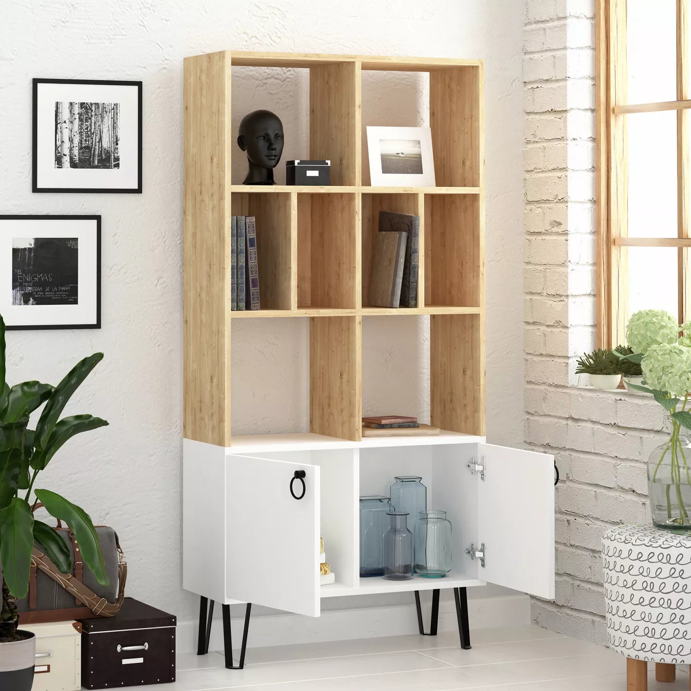 Bookcase With Eight Open Compartments And Two Cabinets For Books, Photos, And Decorative Items. - COOLBABY