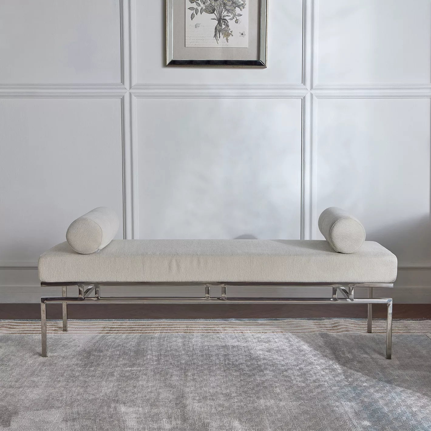 Elegant Modern Fabric Bench With Adjustable Cushions and Stylish Stainless Steel Accents - Light Grey