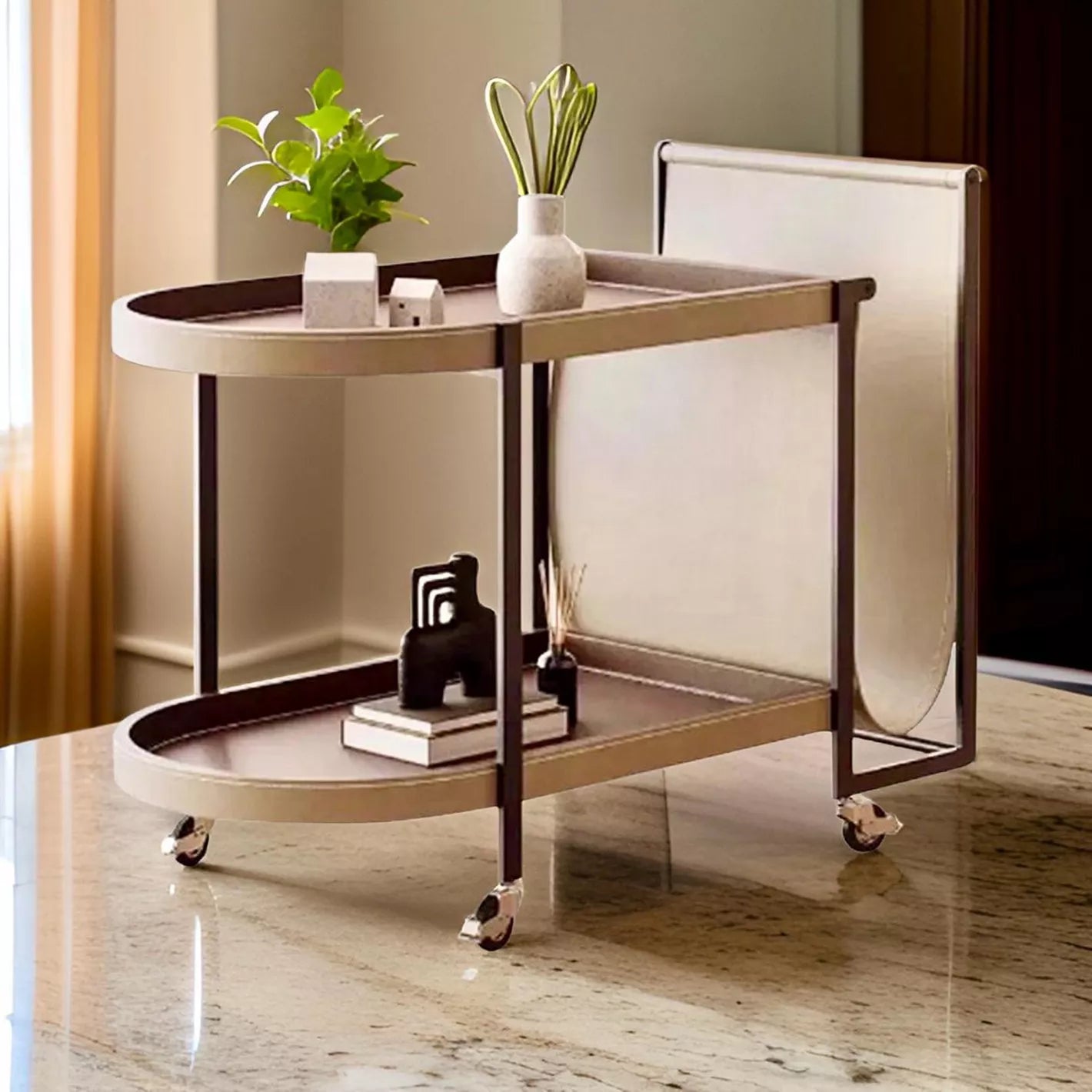 2-Tier Leather Top Coffee Table With Rolling Wheels For Luxury Room