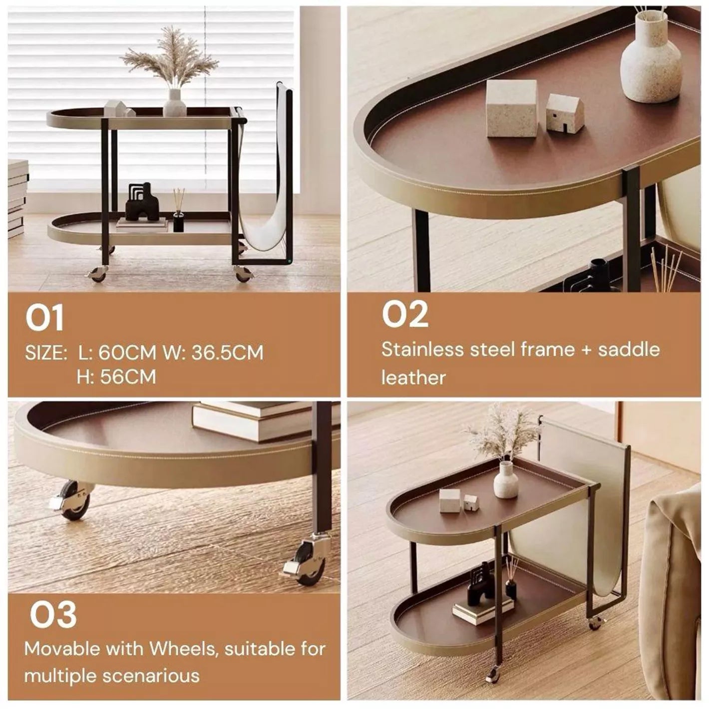 2-Tier Leather Top Coffee Table With Rolling Wheels For Luxury Room