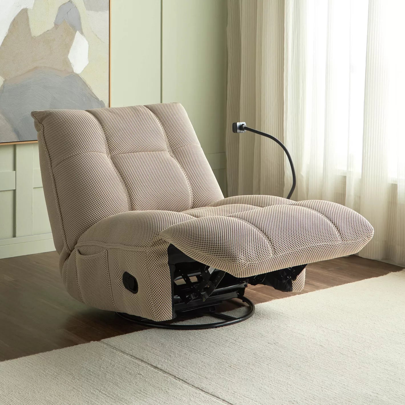 Fabric Rocking Recliner With 360 Degree Swivel Mechanism And A Phone Holder