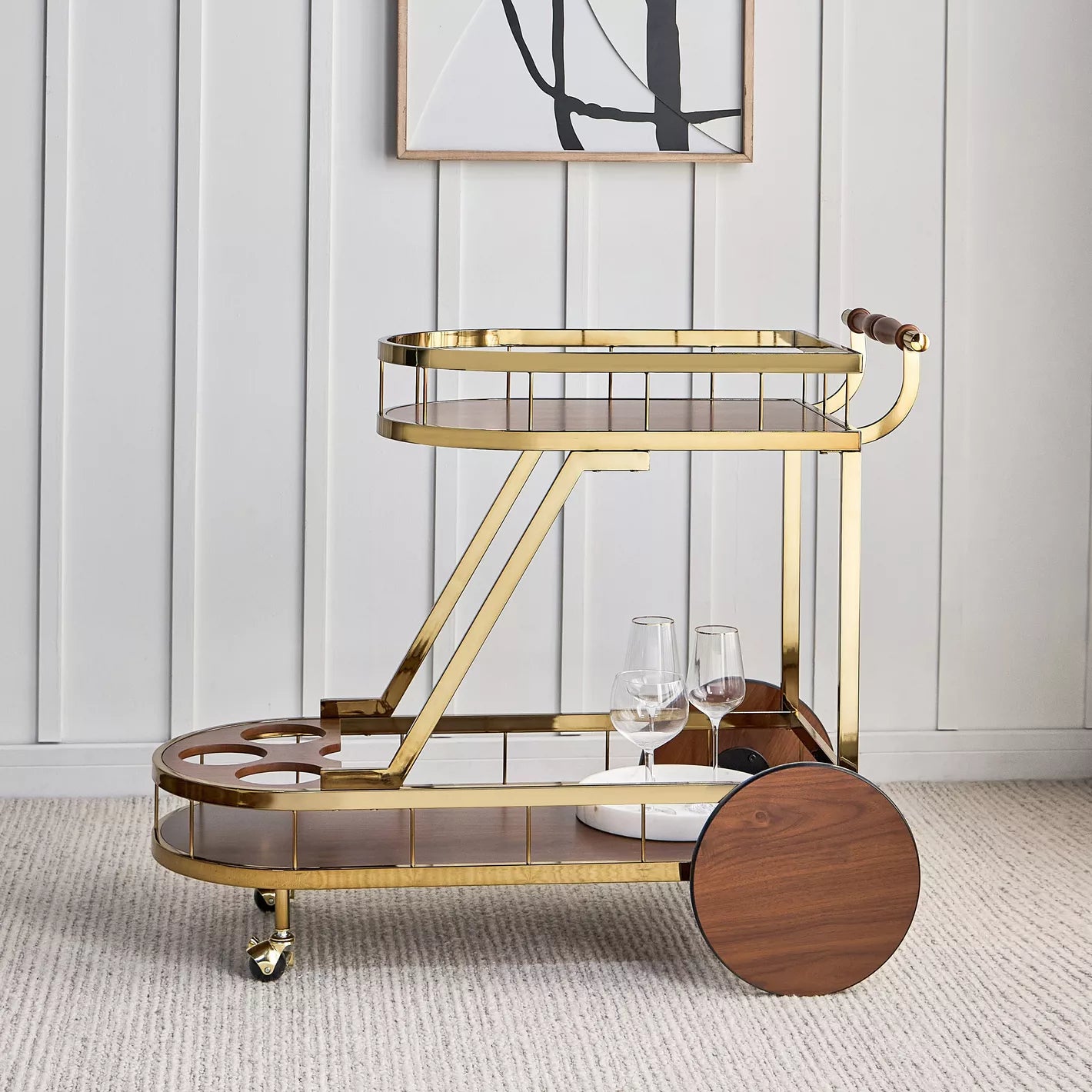 Luxury Serving Trolley, High-Quality Metal Frame And Engineered Wood Top