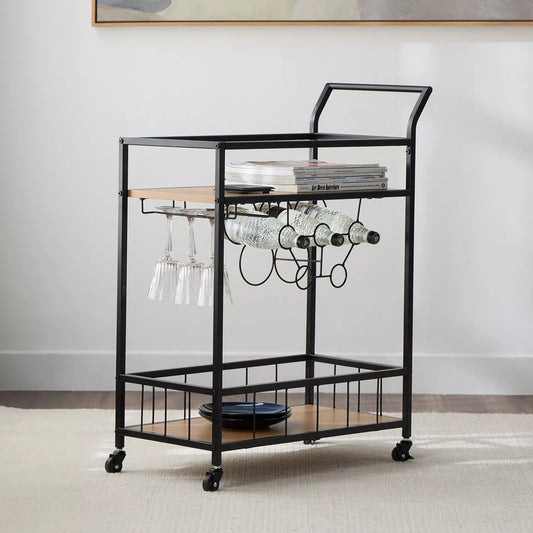 Elegant Serving Trolley With Two Shelves For Drinks And Glassware - Capacity Up To 5 Bottles