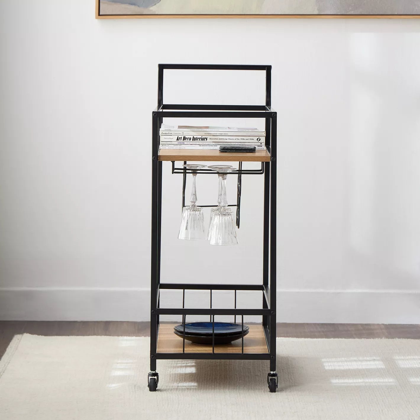 Elegant Serving Trolley With Two Shelves For Drinks And Glassware - Capacity Up To 5 Bottles