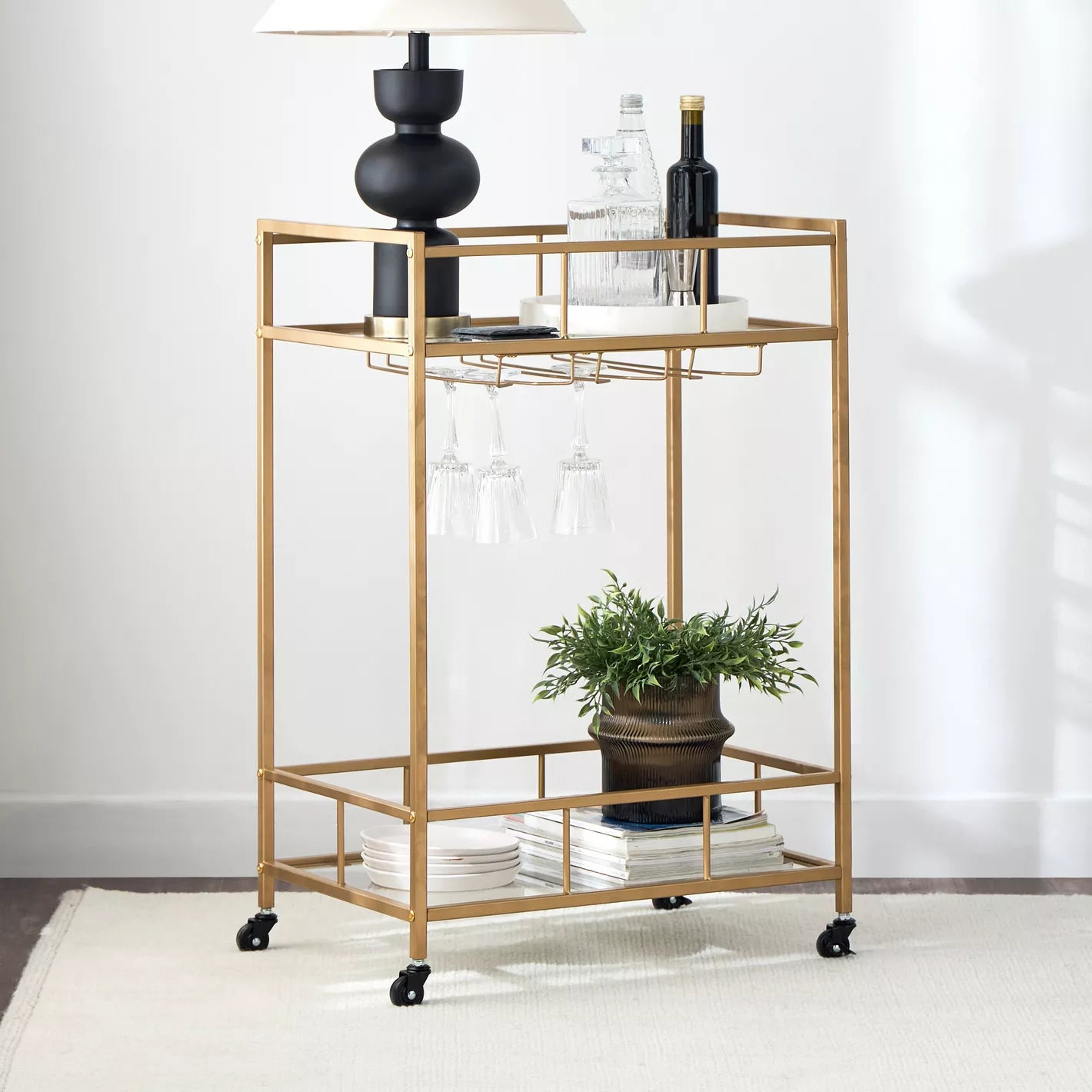 Luxurious Serving Trolley With Glass Shelves For Drinks And Glassware