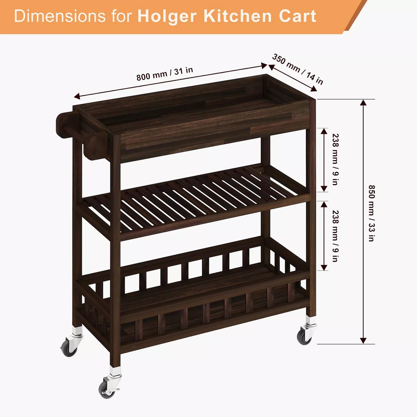 Holger 3-Tier Kitchen Trolley