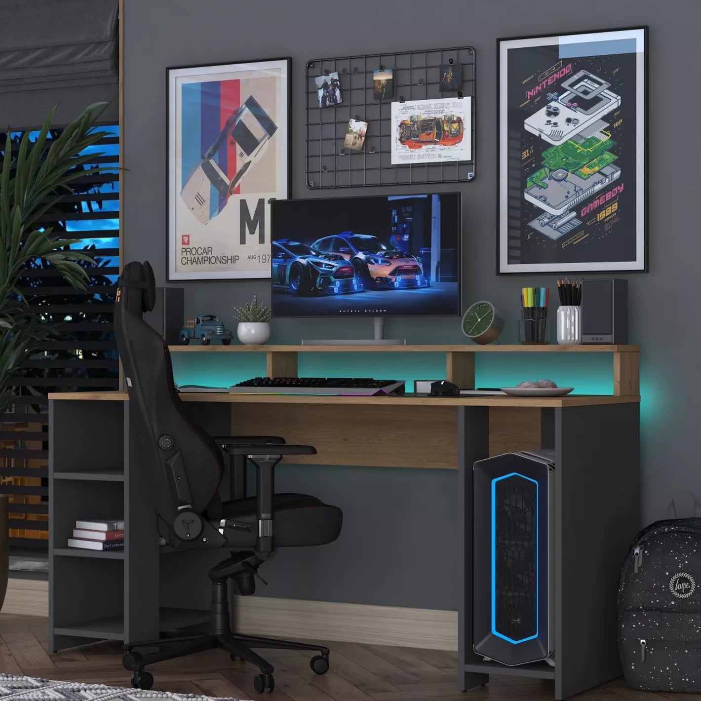 Gaming Desk with LED Color-Changing Shelf, Computer Desk