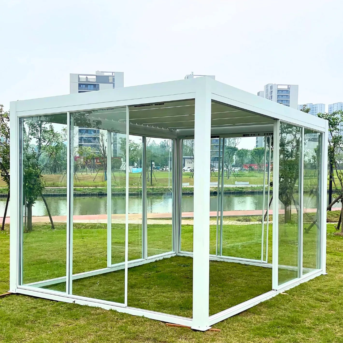 Shuttered Roof Outdoor Gazebo with Sliding Glass Door - 3x3 m