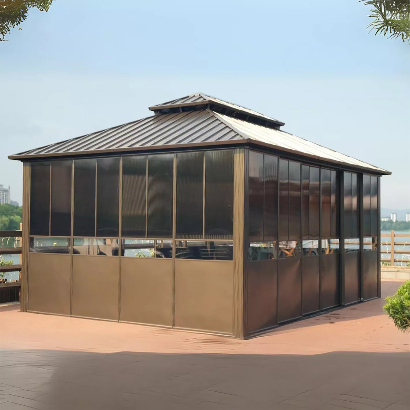 Aluminum Double Hardtop Solarium Outdoor Gazebo with Sliding Doors - 3x4 m