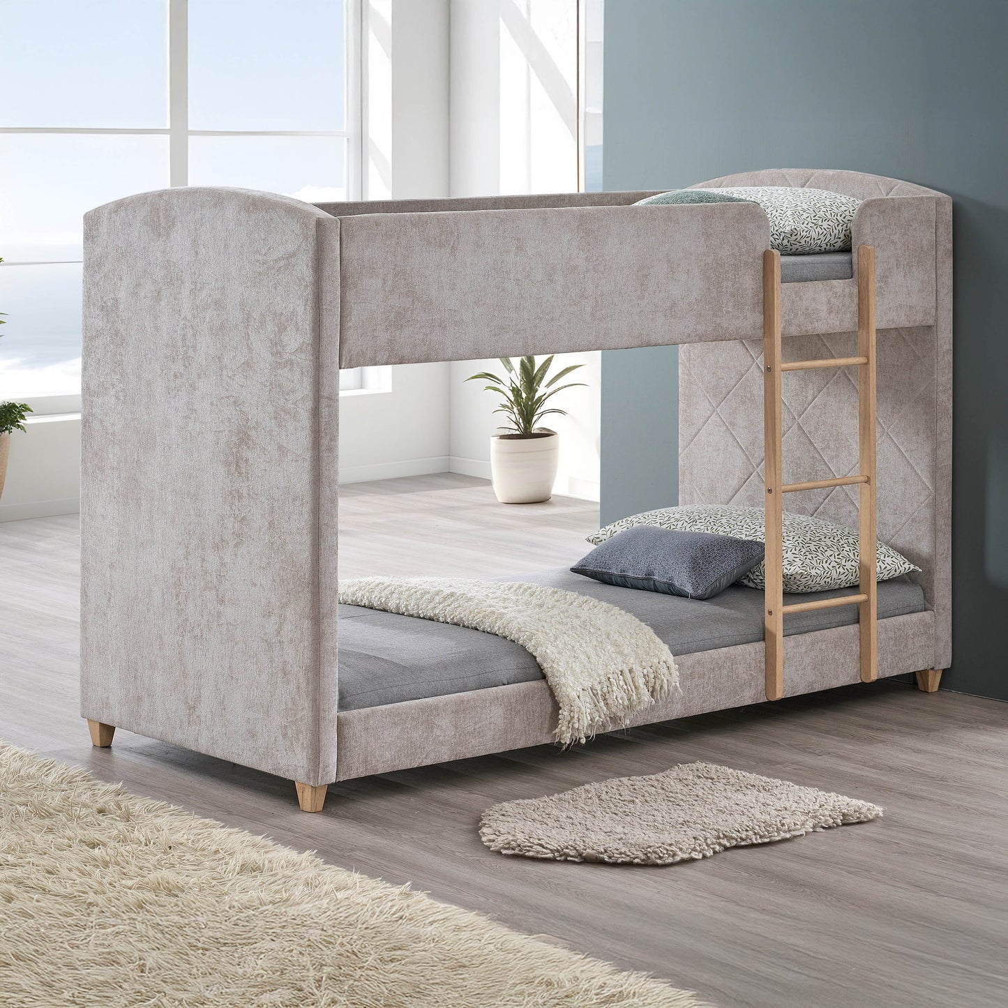 Curvy Upholstered Single Bunk Bed 90x200 cm | Modern Fabric Kids Bunk Bed