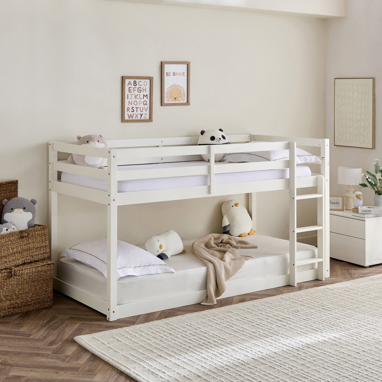 Floor Bunk Bed 90x200 cm | Solid Wood Kids Bunk Bed with Ladder