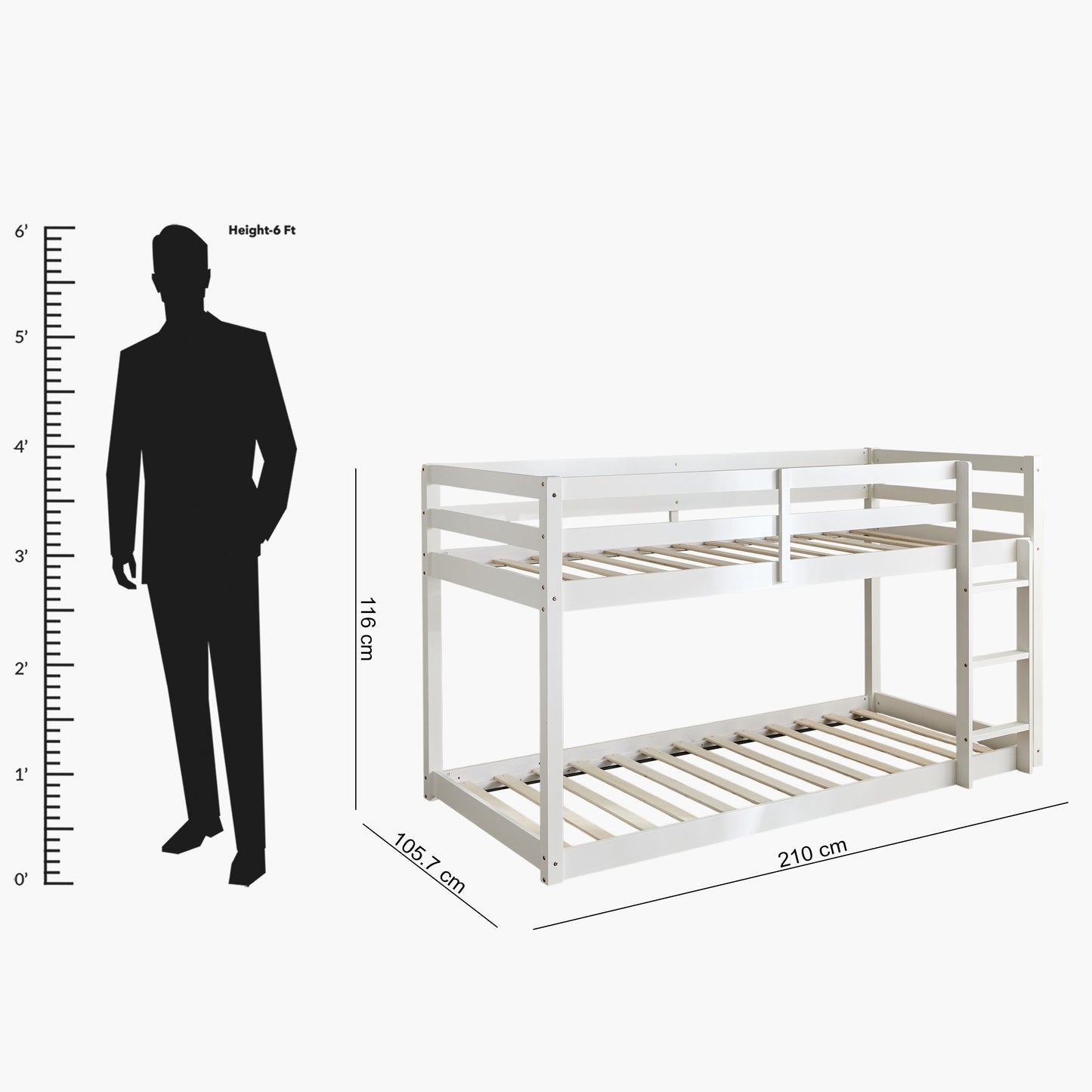 Floor Bunk Bed 90x200 cm | Solid Wood Kids Bunk Bed with Ladder