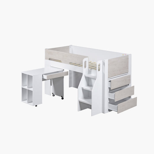 Single Bed with Study Desk & Storage 90x190 cm – Space Saving Kids Bed with Shelves & Drawers