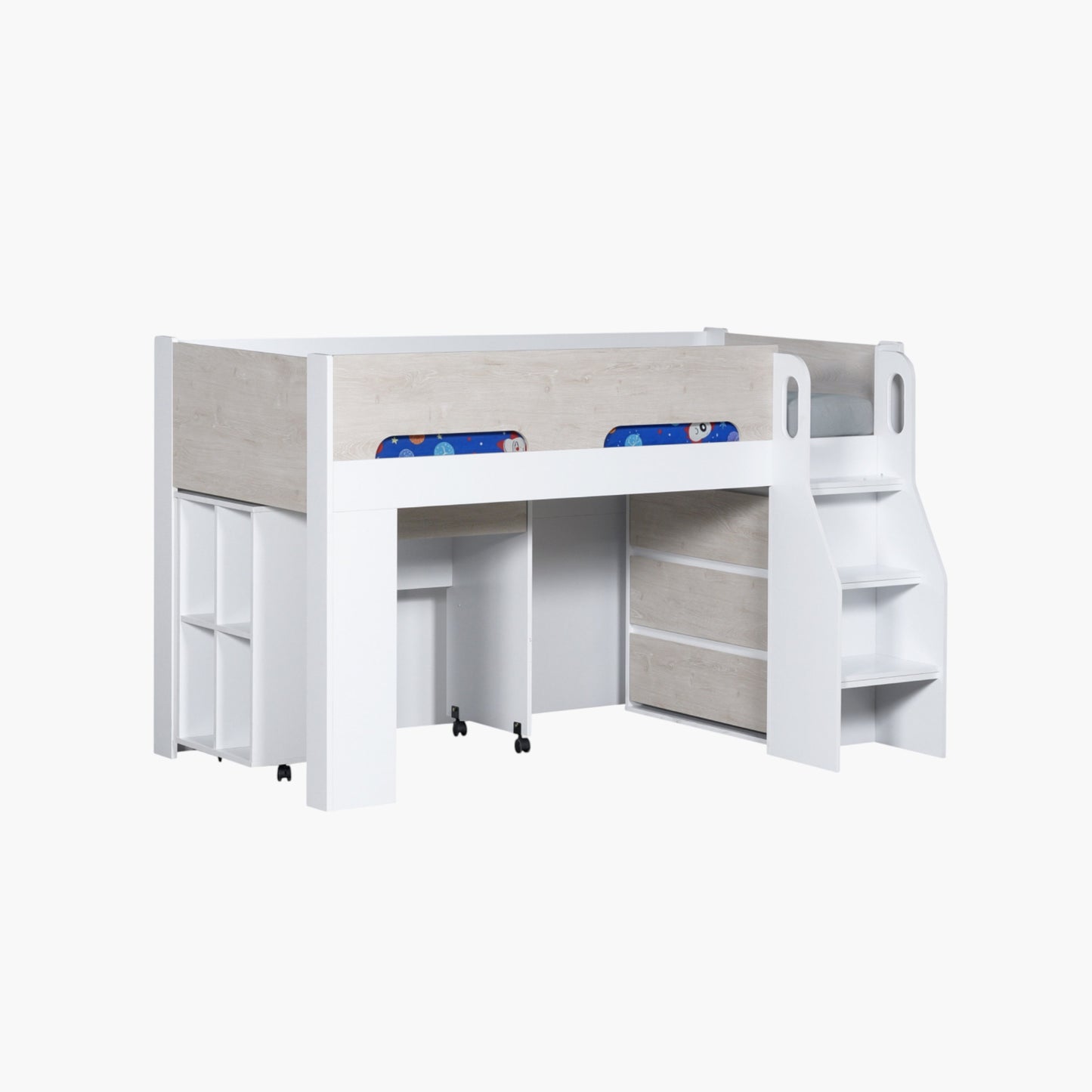 Single Bed with Study Desk & Storage 90x190 cm – Space Saving Kids Bed with Shelves & Drawers
