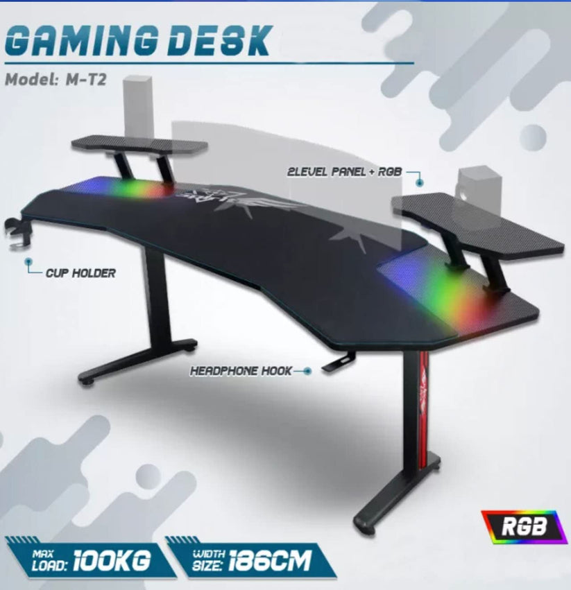 Gaming Desk Table With light, Computer Desk, Cup Holder and Headphone Hook Gamer Workstation Game Table - COOLBABY