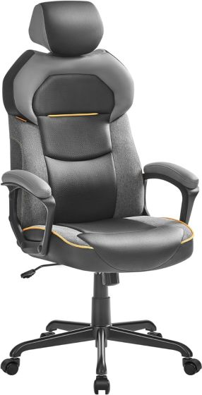 Office/Gaming Chair, Adjustable Height, PU and Cotton Linen Surface, Adjustable Headrest, Padded Armrests, Reclining Backrest - Black