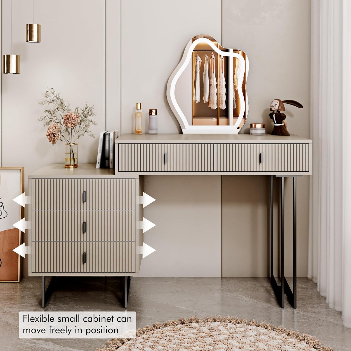 Modern Beige Vanity Desk with Wavy LED Mirror, Drawers, and Storage - Perfect for Makeup, Study, and Consoles - COOLBABY