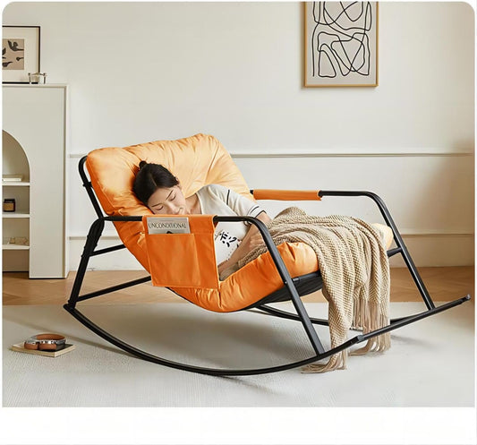 COOLBABY Upholstered High-Back Reclining Rocking Chair with Side Pockets – Modern Style Indoor/Outdoor Chair for Balcony, Living Room, Bedroom & Garden (Orange) - COOLBABY