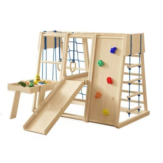 COOLBABY SSZ-PPJ04 Wooden Indoor Playground Nine-In-One Solid Wood Children's Climbing Frame With Swing/Slide/Rock Climbing/Net/Ladder/Monkey Bar/Building Block Table/Soft Rope Ladder/Hanging Ring - COOLBABY