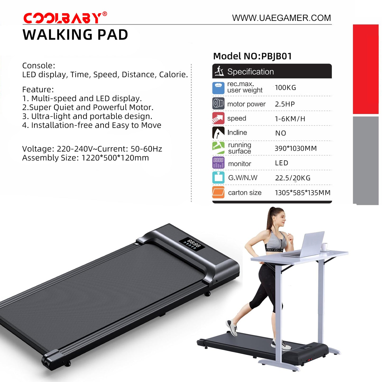 COOLBABY PBJB01 Compact and Powerful Under Desk Treadmill | Wireless Remote Control | LED Display | Ideal for Home and Office Use