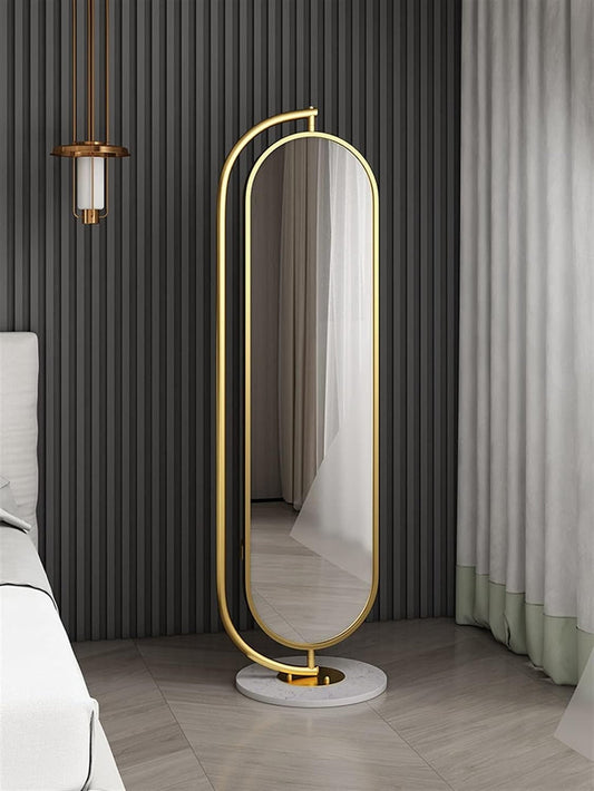 Full Length Oval Rotatable Mirror with Coat Hanger. Metal Gold Framed Free Standing - COOLBABY