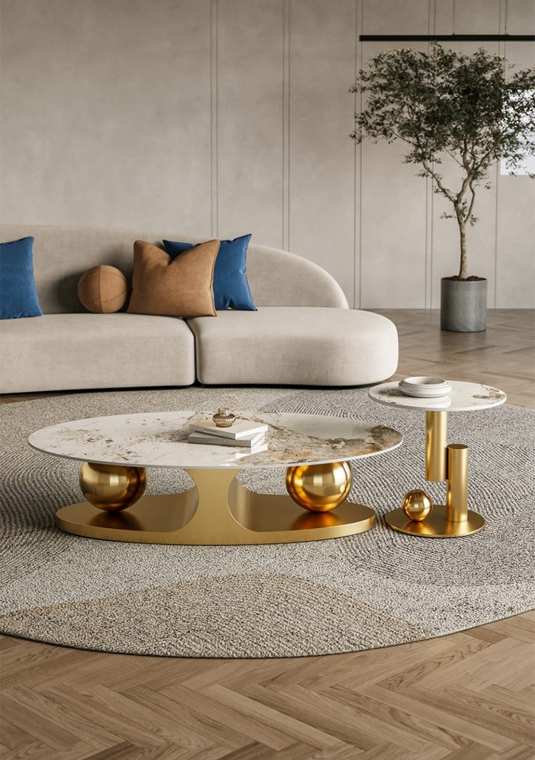 Living room Coffee Table Round Oval Slate Marble-Patterned Center Tables, Stainless Steel Gold Bases (GOLD) - COOLBABY