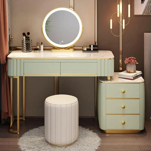 Mint Green Vanity Table Set with LED Mirror and Chair – Elegant Solid Wood Dressing Table - COOLBABY