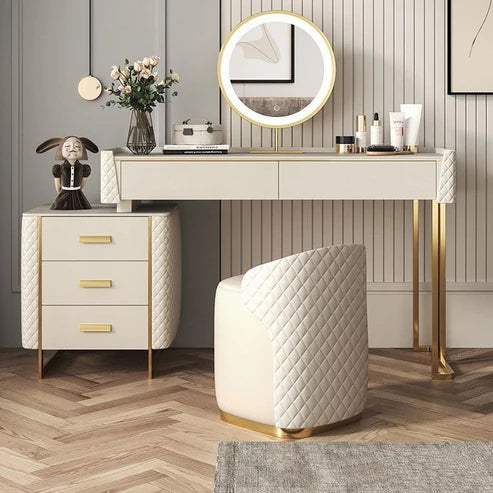 Modern White Vanity Table with LED Mirror and Marble Top - COOLBABY