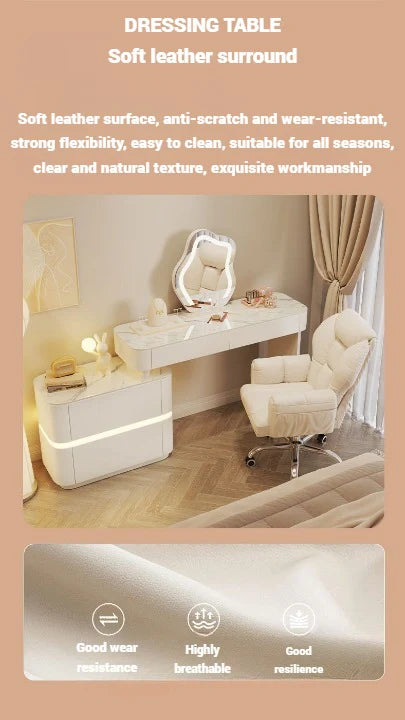 Modern White Dressing Table with LED Mirror - Sleek Makeup Vanity Desk with Slate Marble Finish and Soft-Close Drawers - COOLBABY