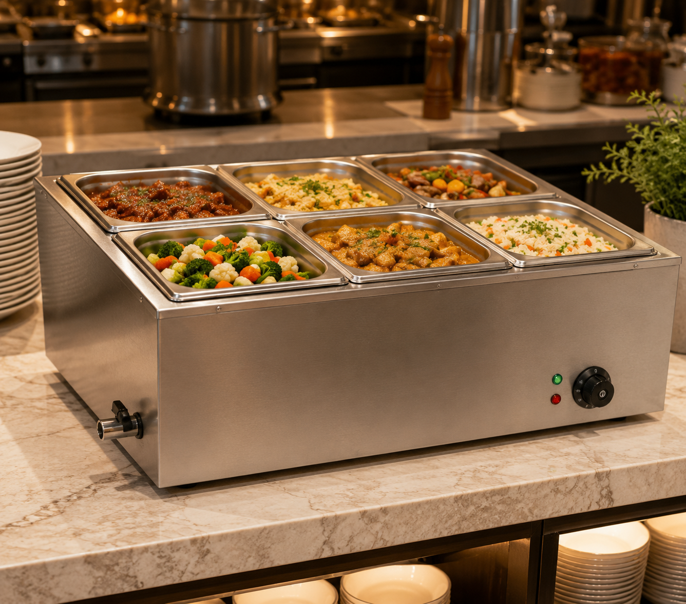 Electric Bain Marie 6 x 1/3 GN Food Warmer – 1.5KW Stainless Steel Countertop Buffet Warmer | HB-750