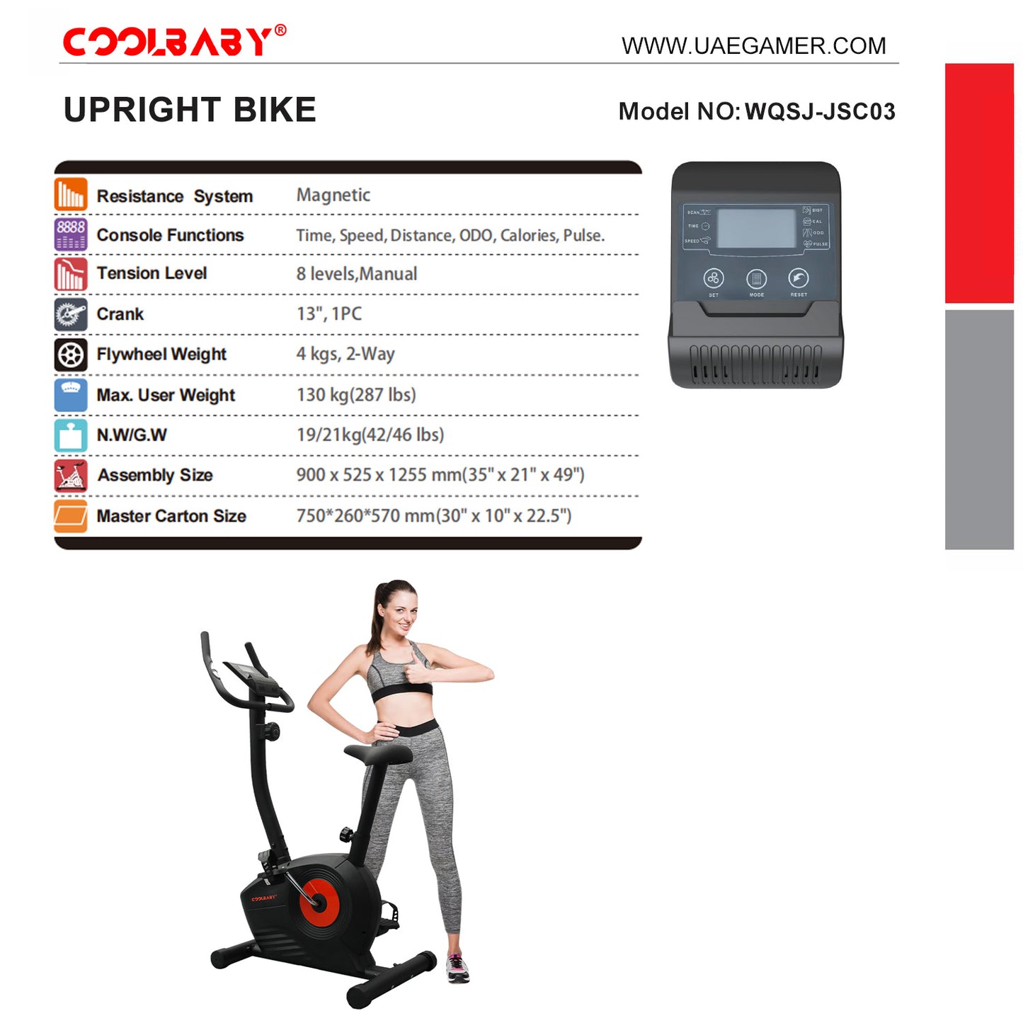 COOLBABY Home Fitness Exercise Bike with 8 Levels Adjustable Magnetic Resistance,Indoor Upright Bike for Cardio Workout,WQSJ-JSC03