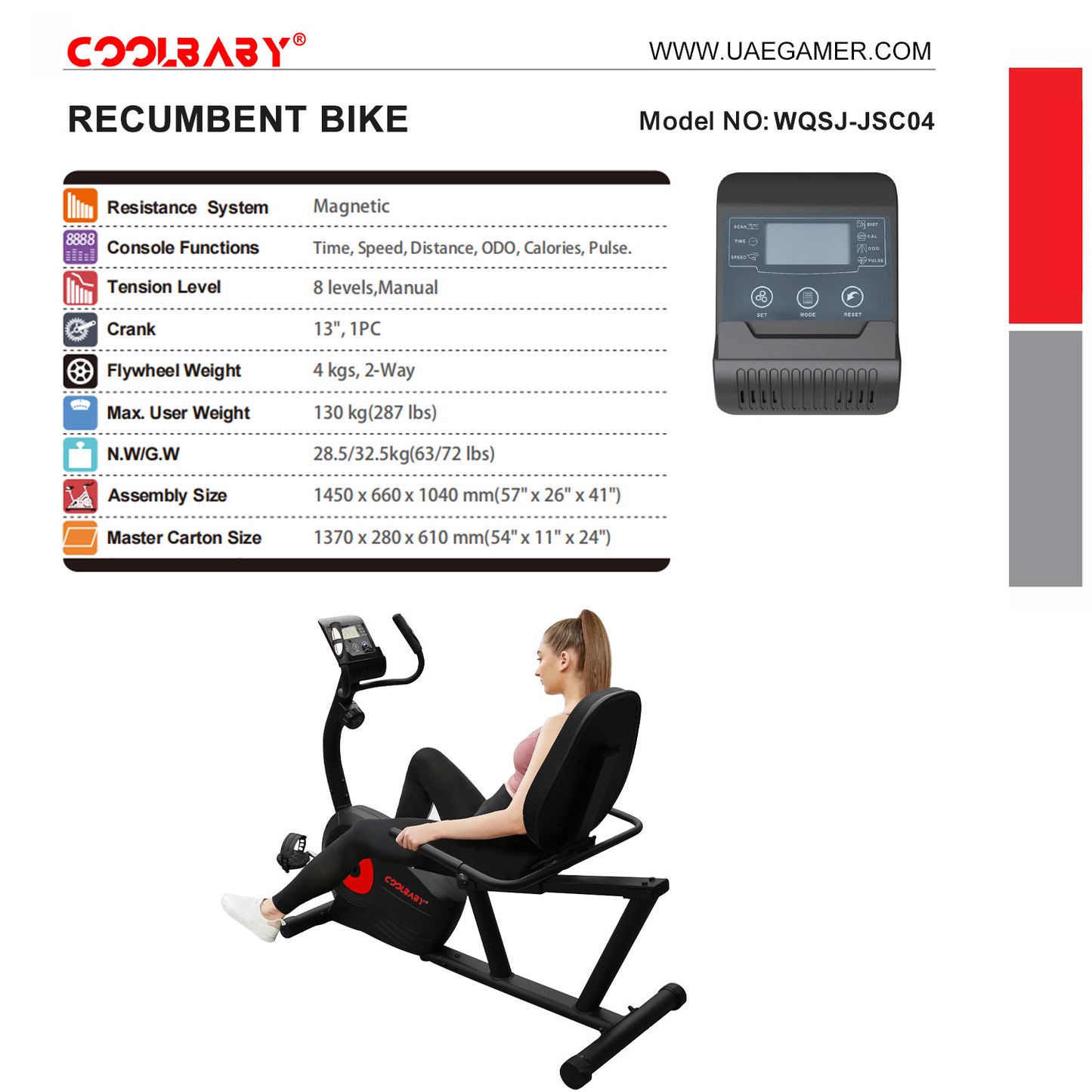 COOLBABY Exercise Bikes Stationary Indoor Recumbent Bikes with Backrest,Magnetic Stationary Bike,8 Levels Resistance,WQSJ-JSC04