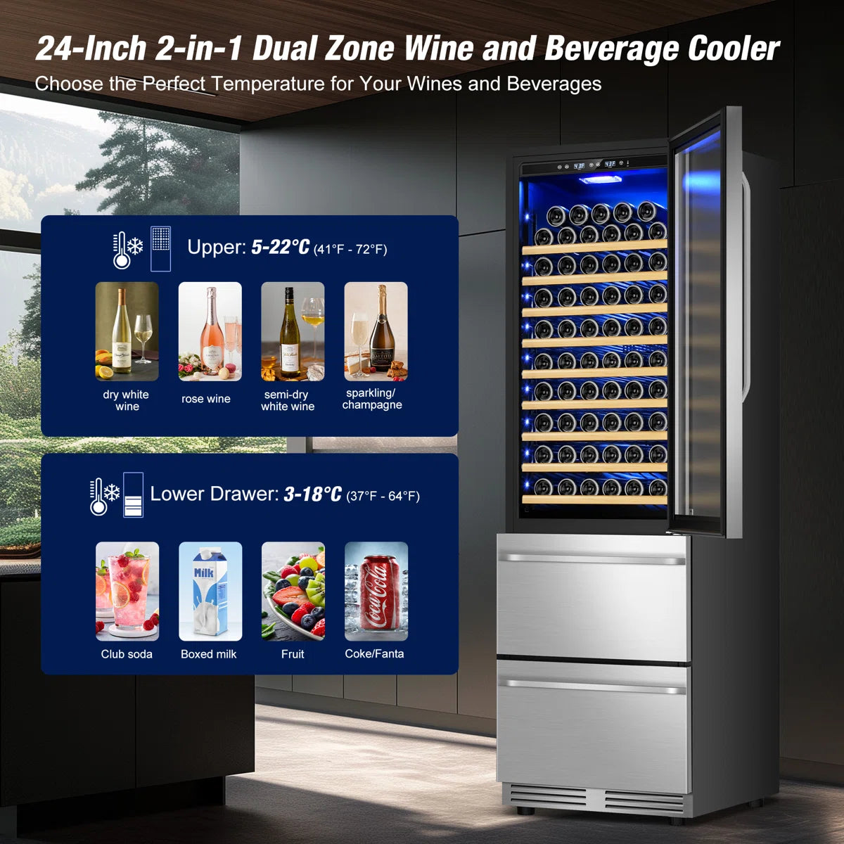 23.5'' Freestanding/Built-in 110 Bottle And 165 Can Wine & Beverage Refrigerator 2 IN 1 Dual Zone Drawer Beverage Fridge Wine Cooler