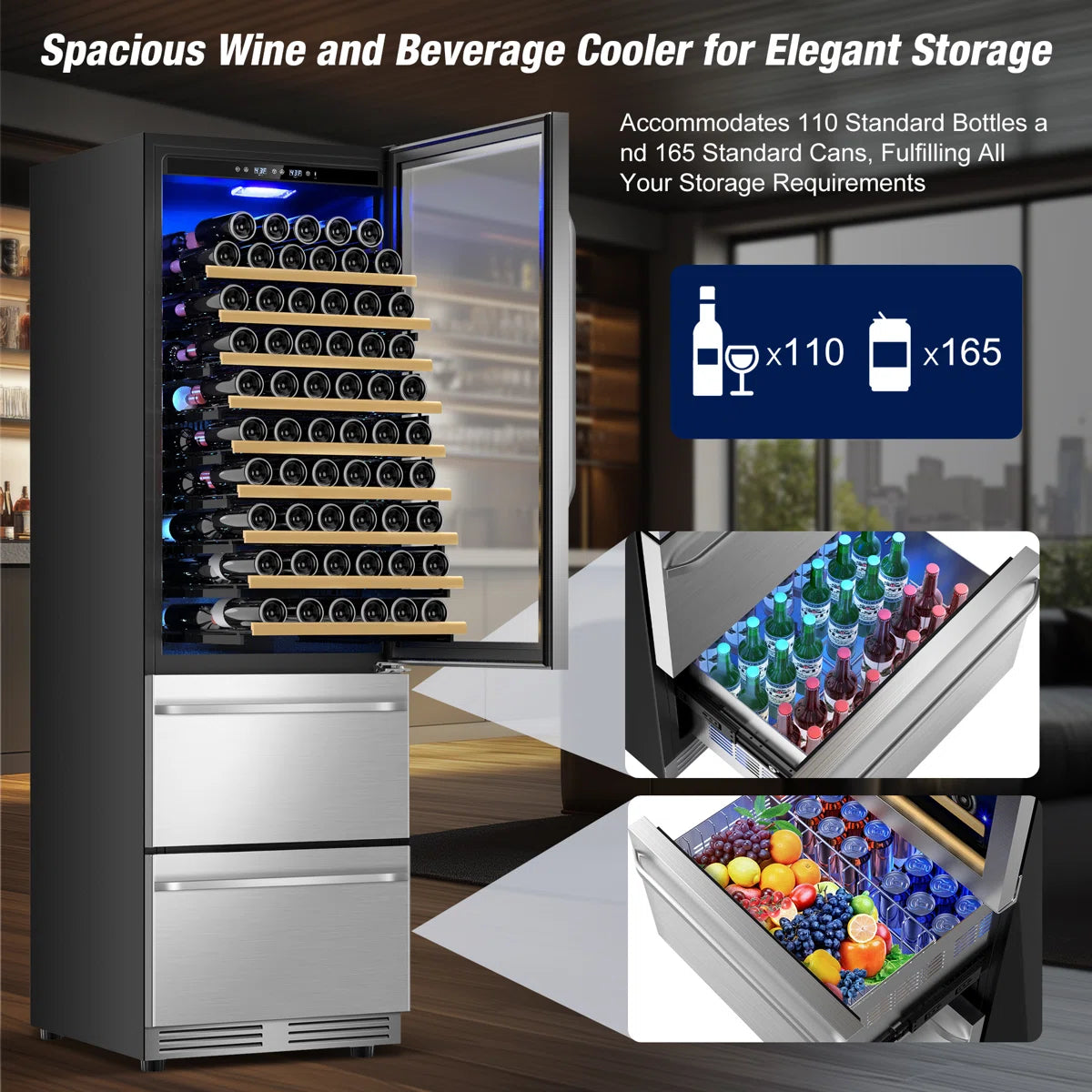 23.5'' Freestanding/Built-in 110 Bottle And 165 Can Wine & Beverage Refrigerator 2 IN 1 Dual Zone Drawer Beverage Fridge Wine Cooler