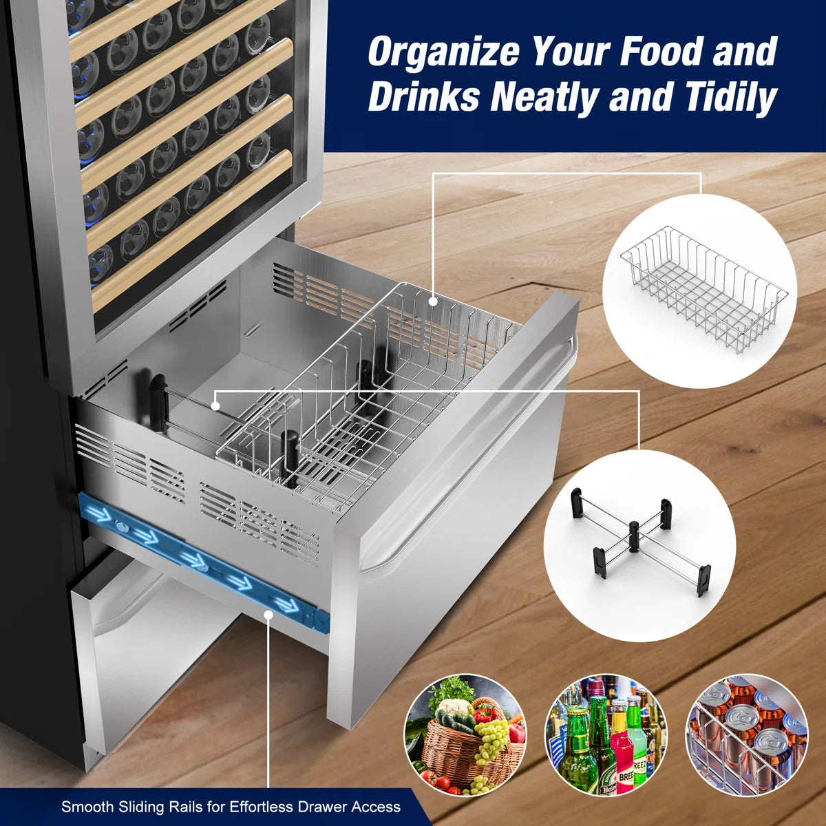 23.5'' Freestanding/Built-in 110 Bottle And 165 Can Wine & Beverage Refrigerator 2 IN 1 Dual Zone Drawer Beverage Fridge Wine Cooler