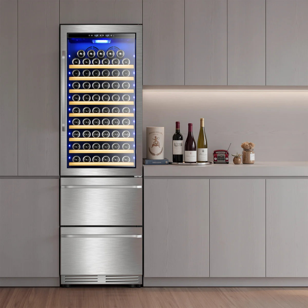 23.5'' Freestanding/Built-in 110 Bottle And 165 Can Wine & Beverage Refrigerator 2 IN 1 Dual Zone Drawer Beverage Fridge Wine Cooler