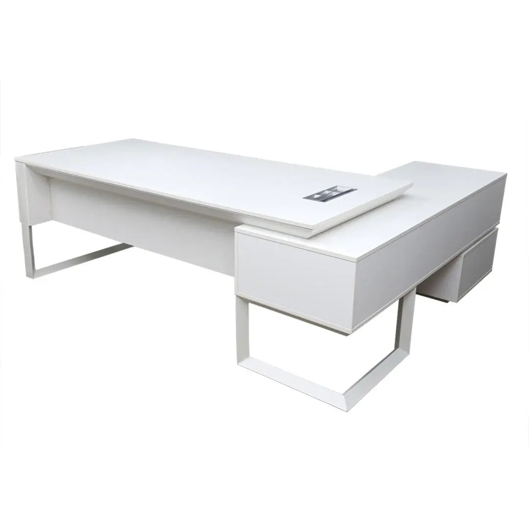 Office Table 720-T01-2.4 White Executive Desk with Side Table, Drawers & Storage Cabinet