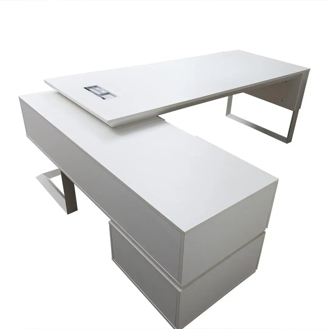 Office Table 720-T01-2.4 White Executive Desk with Side Table, Drawers & Storage Cabinet