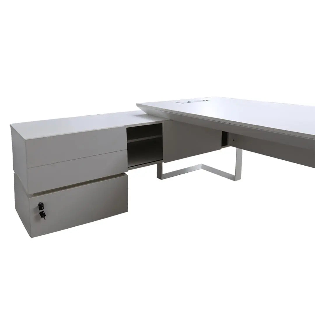 Office Table 720-T01-2.4 White Executive Desk with Side Table, Drawers & Storage Cabinet
