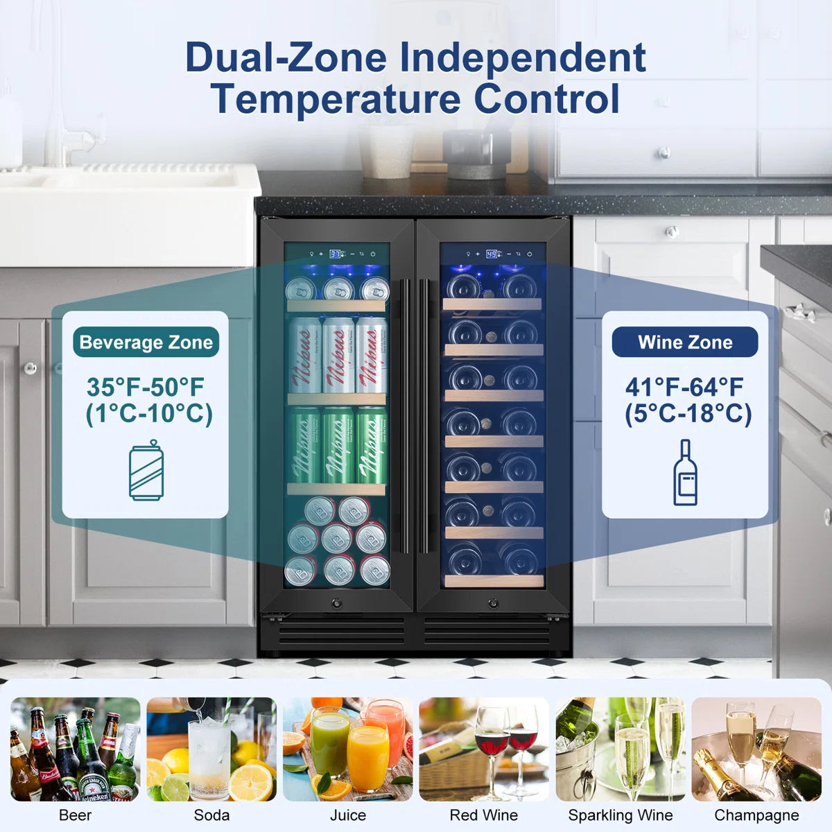 24 Inch 20 Bottle & 60 Can Dual Zone Wine and Beverage Refrigerator Undercounter Cooler Fridge