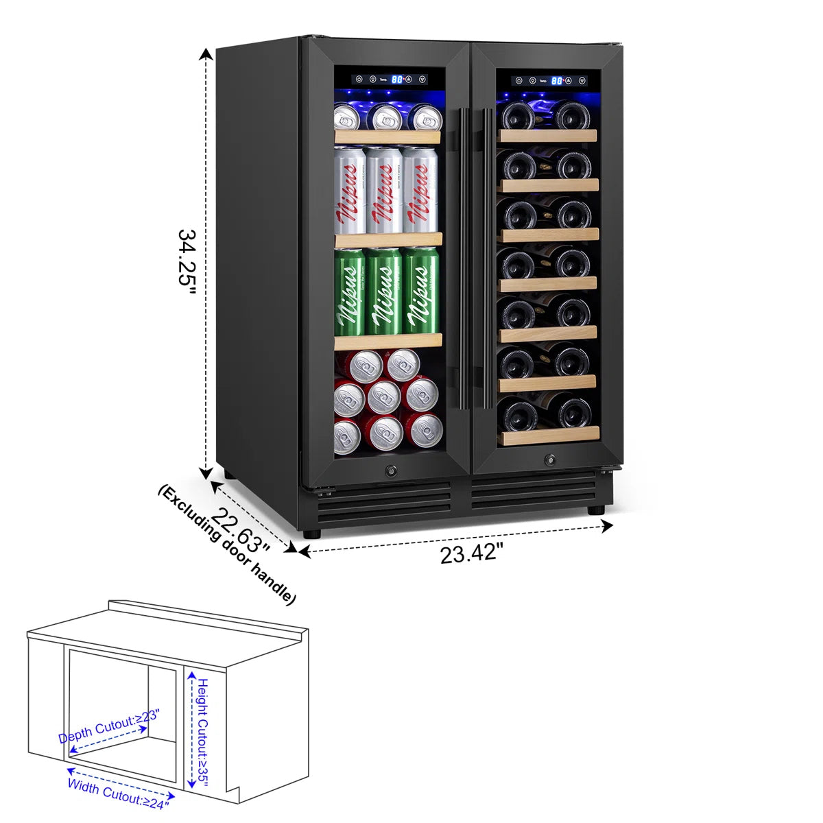 24 Inch 20 Bottle & 60 Can Dual Zone Wine and Beverage Refrigerator Undercounter Cooler Fridge