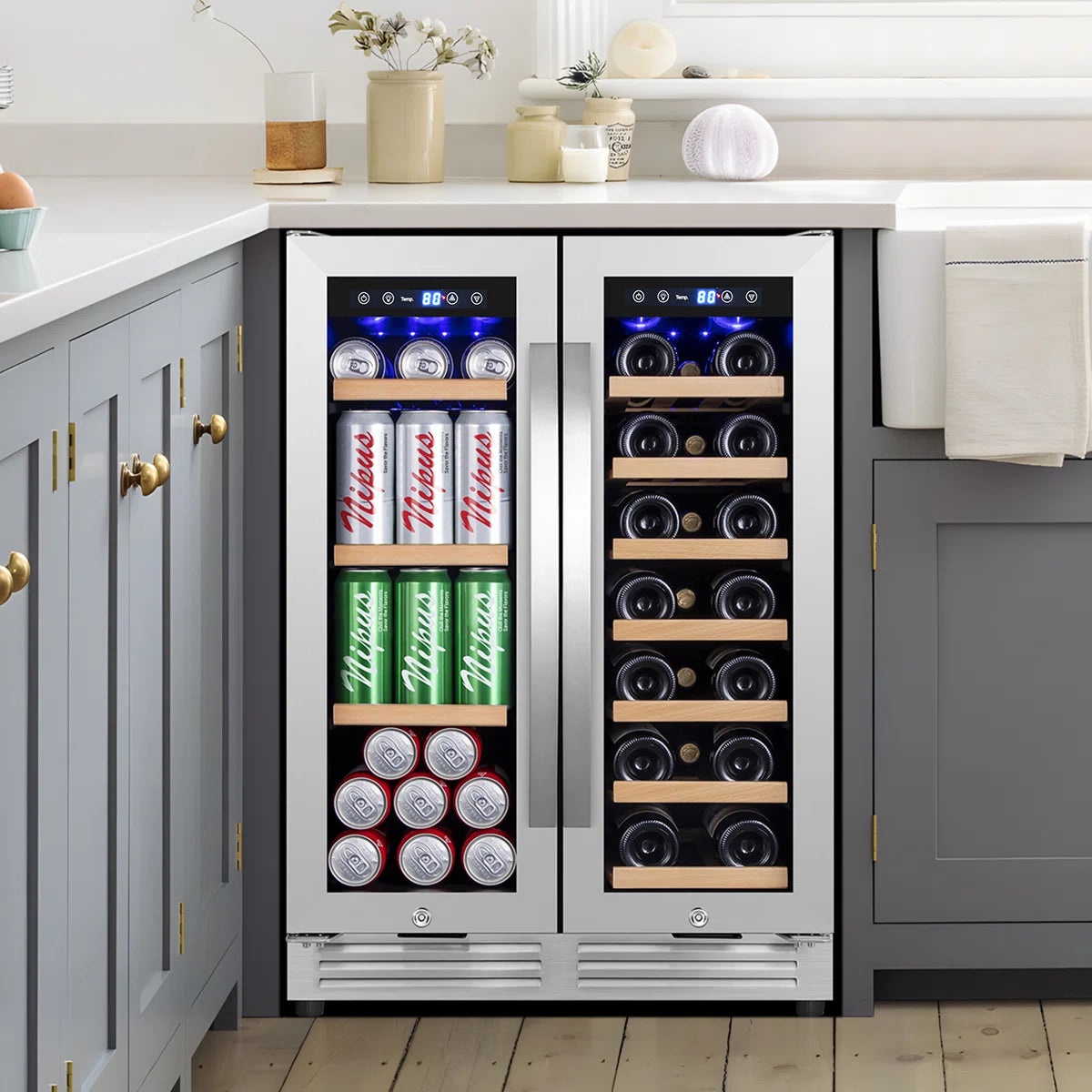 24 in. Dual Zone Beverage & Wine Refrigerator Holds 20 Bottles and 60 Cans Freestanding or Built-In Cooler