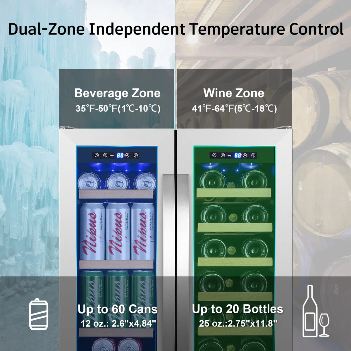 24 in. Dual Zone Beverage & Wine Refrigerator Holds 20 Bottles and 60 Cans Freestanding or Built-In Cooler