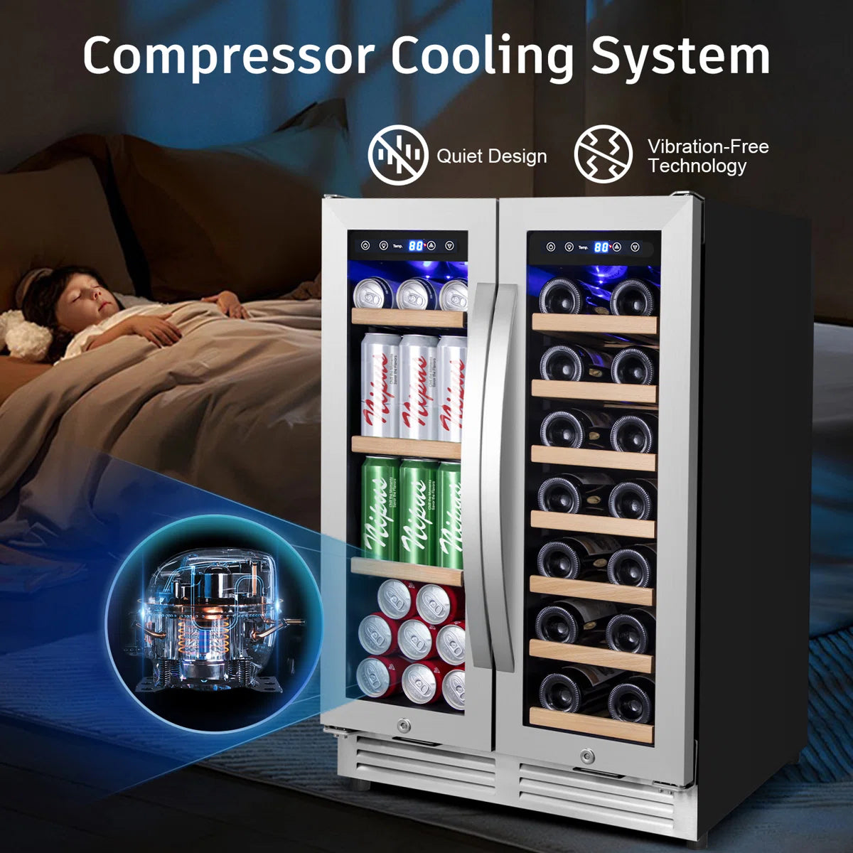24 in. Dual Zone Beverage & Wine Refrigerator Holds 20 Bottles and 60 Cans Freestanding or Built-In Cooler
