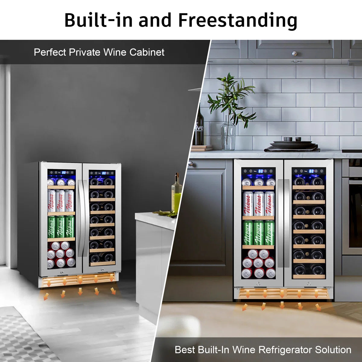 24 in. Dual Zone Beverage & Wine Refrigerator Holds 20 Bottles and 60 Cans Freestanding or Built-In Cooler