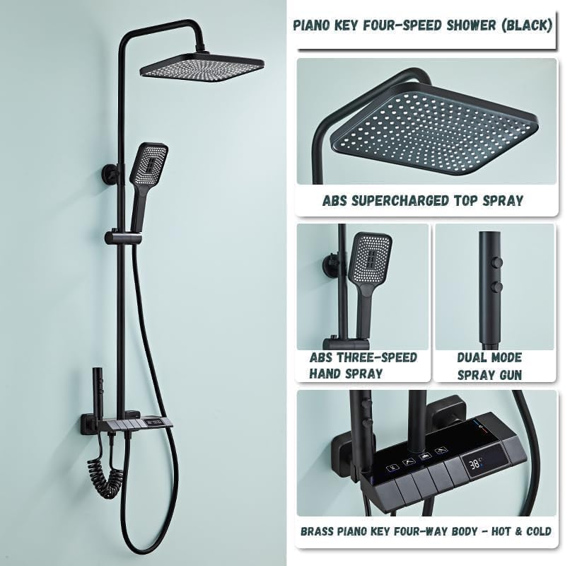 Black Shower System with LED Digital Display Shower Faucet Set Wall Mount Rain Mixer Shower Combo Set 4 Way Shower Fixture with 12" Rain Shower Head, 3 Mode Handheld Shower, Bidet Shower