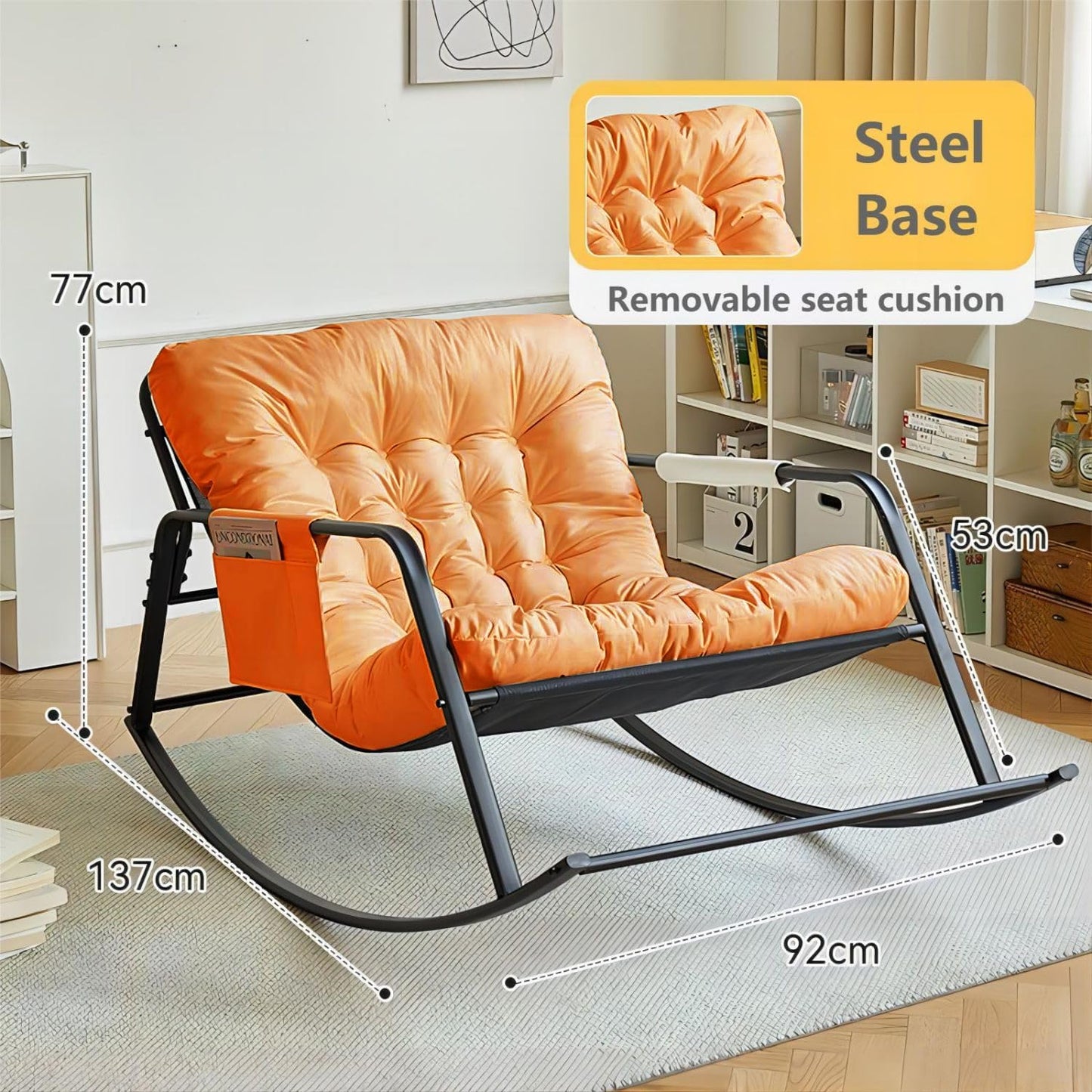 COOLBABY Upholstered High-Back Reclining Rocking Chair with Side Pockets – Modern Style Indoor/Outdoor Chair for Balcony, Living Room, Bedroom & Garden (Orange) - COOLBABY