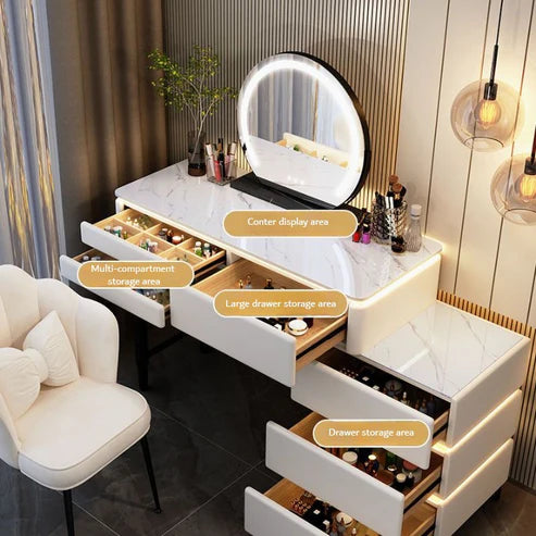 Elegant Modern Luminous Makeup Vanity Desk with LED Mirror and Stool - COOLBABY